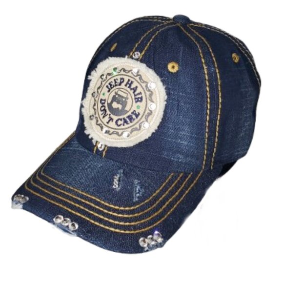 Jeep Hair Don't Care Denim Distressed Fitted Baseball Cap with Swarovski Crystal - Picture 2 of 5